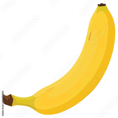 A bright yellow banana, a healthy fruit, with a distinct curved shape and brown stem