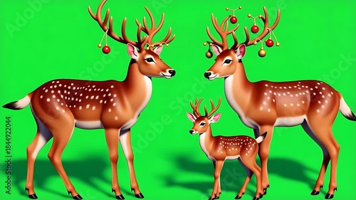 Festive Deer Family with Ornaments on Antlers, Isolated on Green Screen for Holiday Design