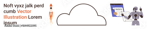 Cloud computing, automation, invoicing systems, business transactions, future technology, digital innovation. Robot interacting with invoice and rocket. Cloud computing and automation concepts