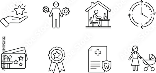 Comprehensive Outline Vector Icon Set Representing Business Achievements, Remote Work, Corporate Management, Health Insurance, Loyalty Programs, and Work-Life Balance.