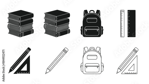 School supplies illustration featuring books backpacks pencils and rulers