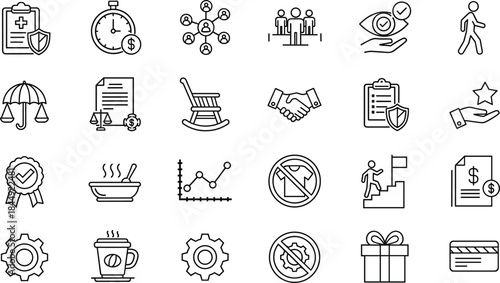 Comprehensive Outline Vector Icon Set Representing Health and Legal Insurance, Retirement Planning, Business Strategy, Corporate Teamwork, and Financial Time Management.