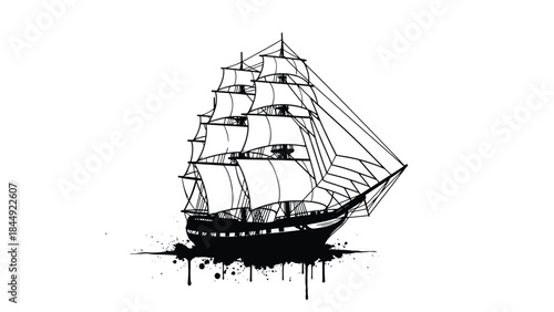 Detailed black and white illustration of a classic sailing ship with paint splatters