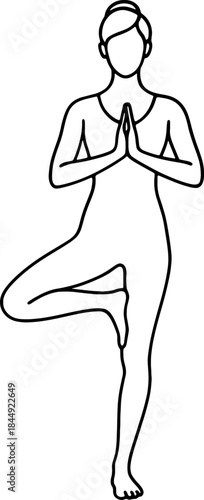 Woman in Tree Pose Vrikshasana yoga illustration minimalist line art for wellness and fitness concepts isolated on white