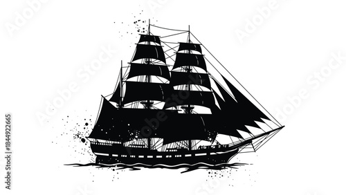 Detailed black and white illustration of a majestic sailing ship at sea