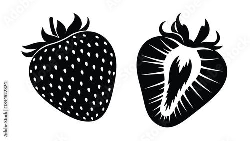 Black and white illustrations of a whole and halved strawberry fruit