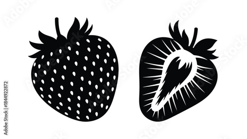 Two stylized strawberry illustrations one whole and one showing the inner seed detail