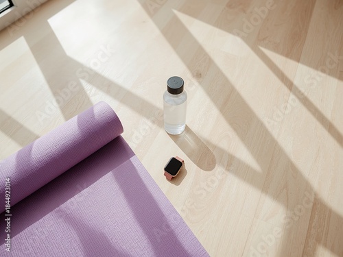 Yoga essentials on wooden floor with natural light pouring in