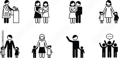 Diverse Collection of Vector Silhouettes and Outlines Representing Family Planning, Healthcare, Motherhood, Fatherhood, Couple Bonding, and Social Group Communication Concepts.