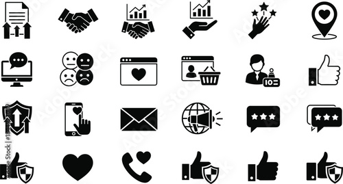 Comprehensive Solid Black Icon Set Representing Digital Security, Data Protection, Trustworthy Handshakes, Business Growth, Customer Reviews, and Social Network Communication.