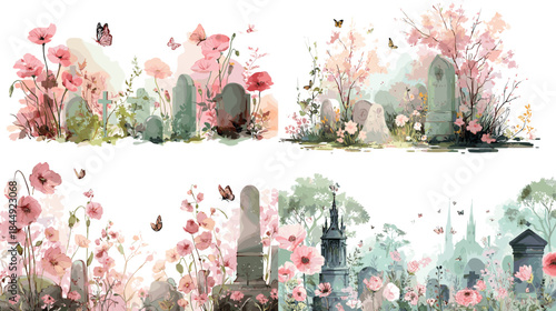 Romantic watercolor garden illustration with soft flowers greenery and dreamy architectural elements creating a peaceful spring atmosphere for decorative storytelling and elegant visuals.