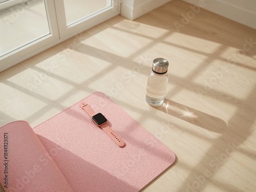 Fitness essentials on pink yoga mat by window with sunlight