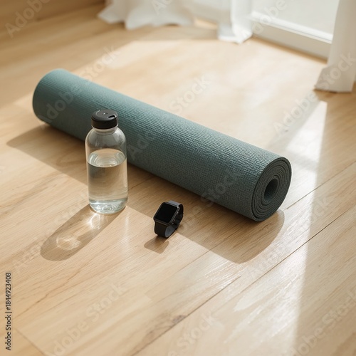 Yoga essentials on wooden floor with water bottle and watch