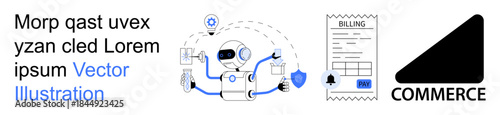 E-commerce, automation, AI technology, billing systems, cybersecurity, robotics. A robot managing billing with a shield icon and e-commerce symbol. E-commerce and automation concept