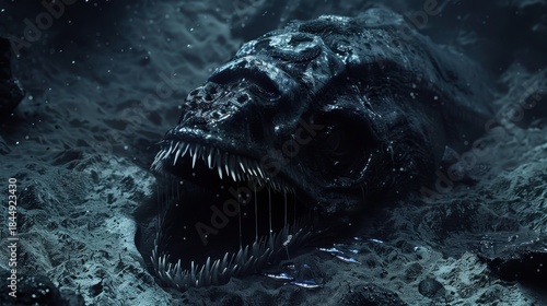 An eerie underwater scene featuring a large, ancient fish skeleton surrounded by deep ocean darkness and mysterious marine life.