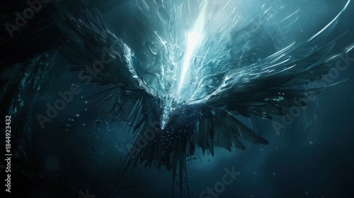 An ethereal representation of a mythical creature emerging from dark waters, symbolizing transformation and spiritual journeys.