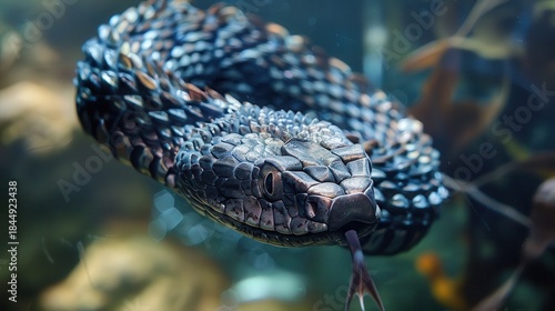 An intriguing close-up of a snake swimming gracefully through a vibrant underwater scene, showcasing its unique scales and colors.