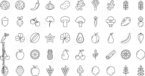 Extensive Hand-Drawn Outline Vector Icon Collection of Fruits, Vegetables, Herbs, and Spices, Ideal for Healthy Eating, Recipe Blogs, and Organic Food Packaging Designs.