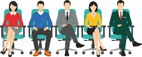 Professional business team sitting together on modern office chairs, representing teamwork, corporate diversity, and staff collaboration in a flat vector illustration style.