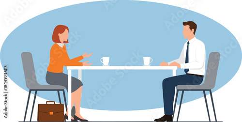 Vector illustration of two business professionals greeting or finalizing a corporate deal, featuring a clean teal background circle and the woman holding a brown leather briefcase.