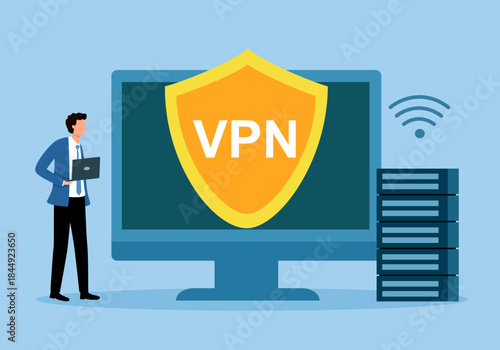 Vpn technology system. Characters connect to secure VPN points. VPN connection concept. Internet connection flat illustration vector.