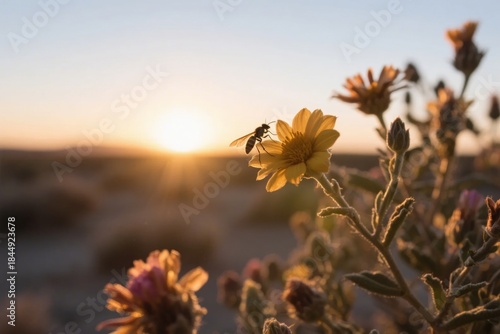 A bee pollinates a yellow flower in a desert landscape at sunset