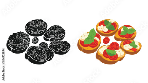 A visual comparison of colorful and monochrome bruschetta illustrations