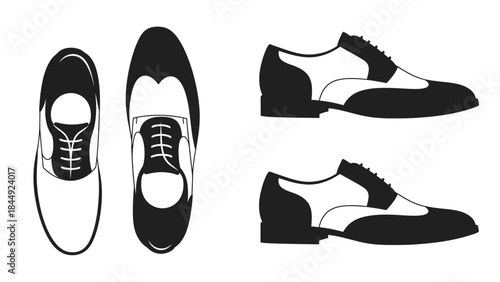 Black and white illustration of dress shoes a top down and side view