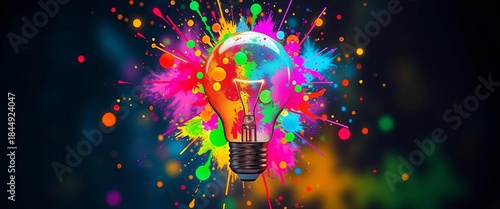 Vibrant shattered lightbulb, rainbow paint explosion, digital art, lightbulb,  rainbow
