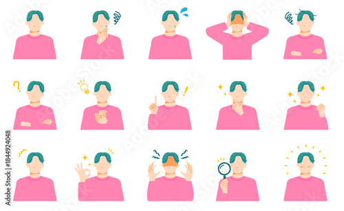 ポップな色合いの若い一般男性の喜怒哀楽表情イラストセット。フラットデザイン。