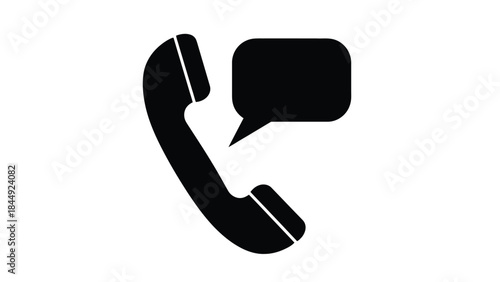 Simple black silhouette illustration of a telephone handset with a speech bubble