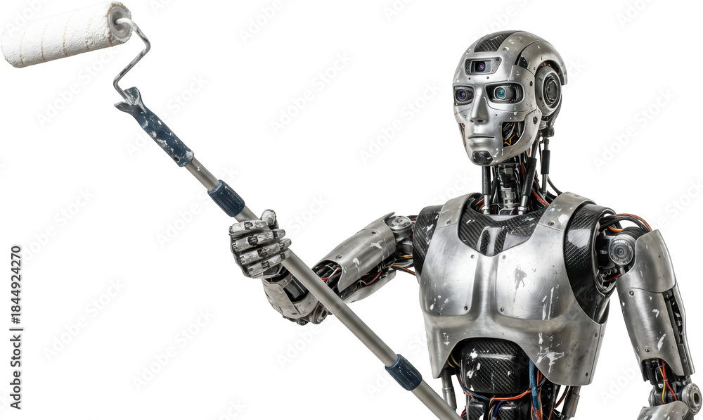Fototapeta premium Robot holding paint roller with metallic body and robotic features showcasing advanced technology and craftsmanship in a unique and eye catching manner
