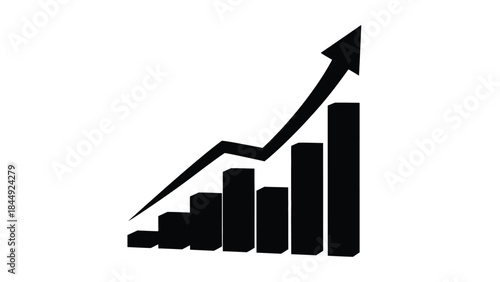 Simple black and white graphic illustrating growth with a rising bar chart