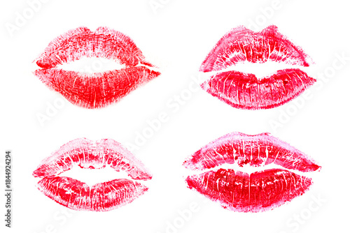 Set of red lipstick kiss imprint on white background.