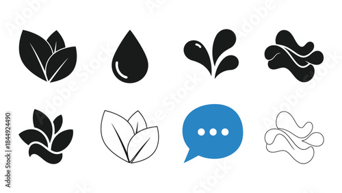 Collection of black and white leaf water drop and speech bubble icons