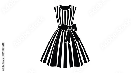 A black and white striped dress with a fitted bodice and flared skirt