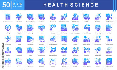 Health Science icon set featuring medical information, diagnostics, clinical specialties, therapies, and research fields including cardiology, neurology, microbiology, oncology, and nutrition.