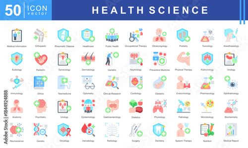 Health Science icon set featuring medical information, diagnostics, clinical specialties, therapies, and research fields including cardiology, neurology, microbiology, oncology, and nutrition.