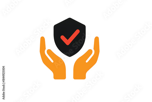 Vector illustration of hands hold shield with check mark. Symbol of HACCP.new