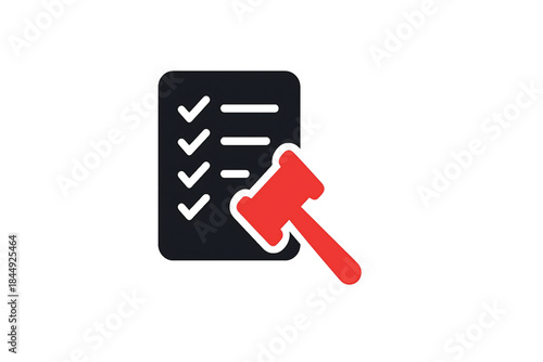 Vector illustration of list document with check mark and gavel. Icon of legislative decision making legal agreement.new