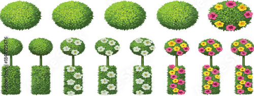 Topiary vector set showing decorative plant shapes with floral embellishments for garden design, landscaping, mapping, and architectural visualization use.