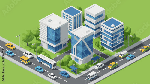 Modern office buildings with vehicles on road