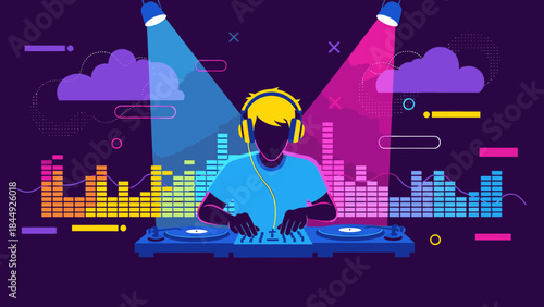 Dj mixing music under neon lights