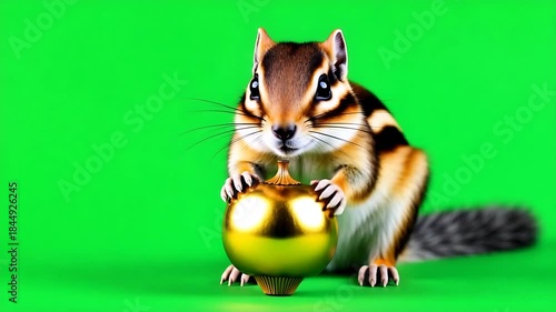 Adorable chipmunk character holding a shiny golden acorn on a vibrant green background