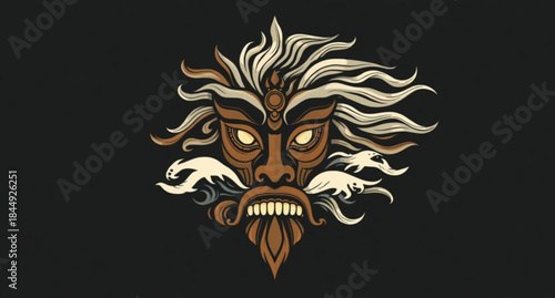 Gothic tribal tattoo design featuring a vector illustration of a lion head and a demonic mask symbol with fire elements and dragon horror aesthetics for a kingly monster art piece