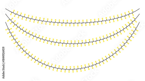Curved Yellow Festive String Lights Hanging Isolated on White Background for Holiday Design Use
