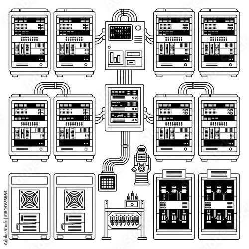 Stunning black and white schematic illustrating complex interconnected data center servers networking with futuristic robotics