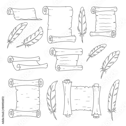 Stunning collection of antique paper scrolls and quill pens perfect for historical document design and elegant storytelling projects