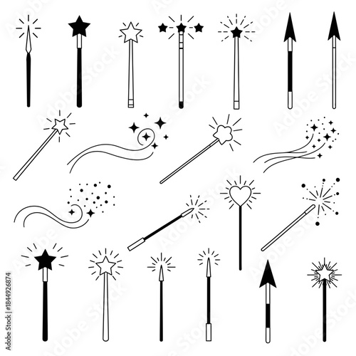 Stunning collection of minimalist black and white magic wands perfect for fantasy design projects