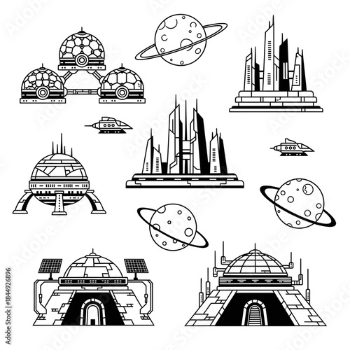 Stunning collection of modern futuristic space colony buildings and flying spacecraft outlines ready for design projects